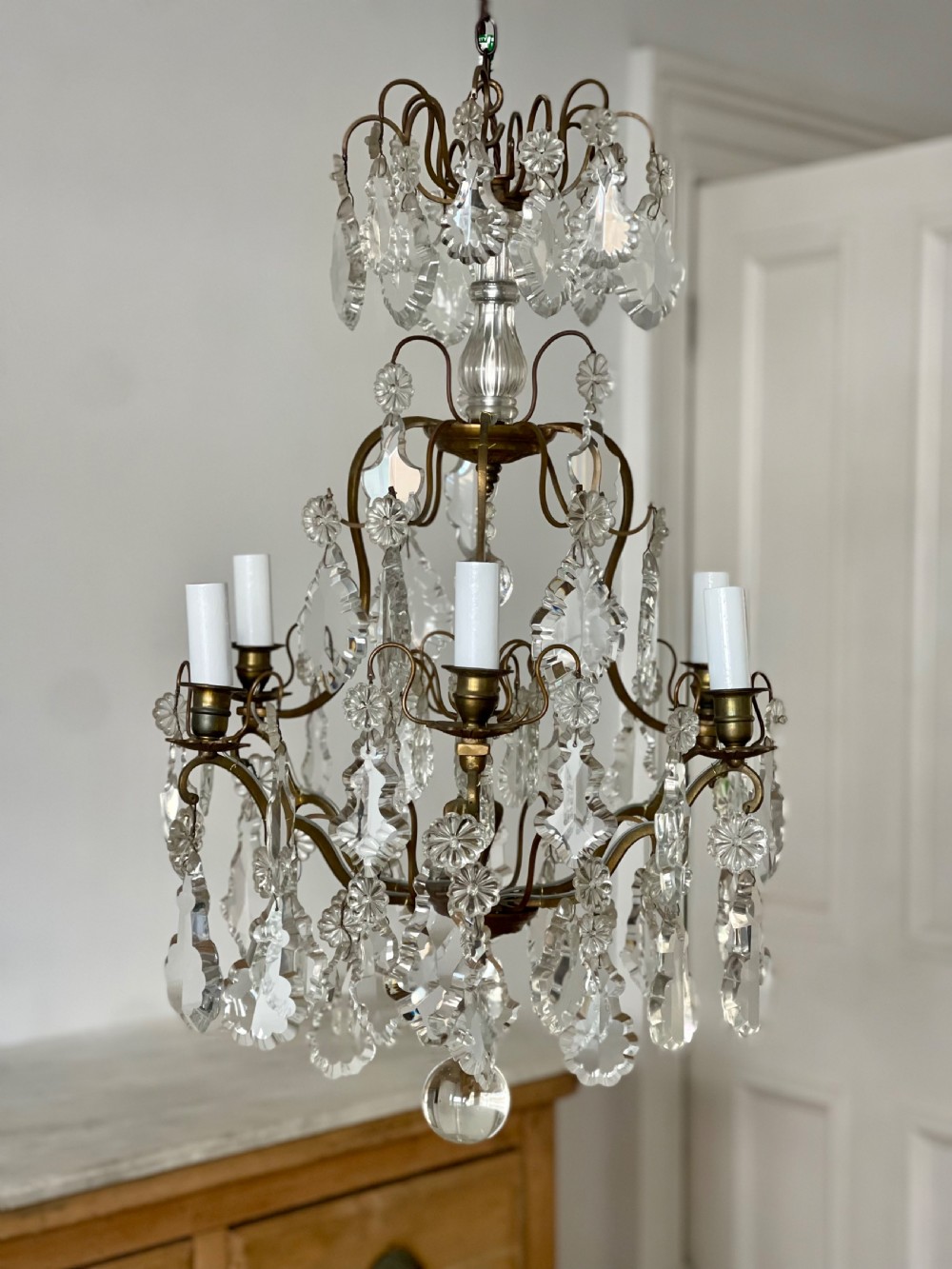 Antique French crystal cage chandelier View IV