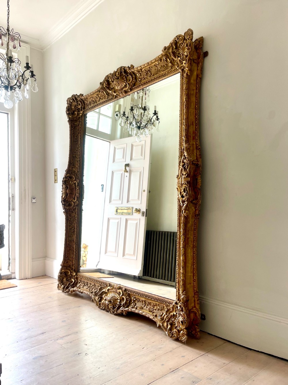 Large antique French gilt wood leaner mirror View V