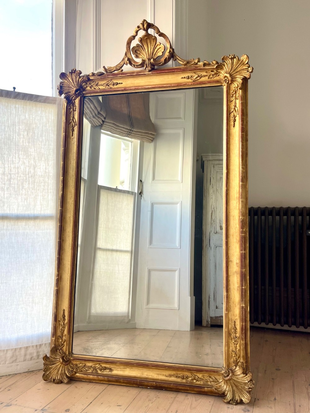 Large antique French gilt leaner mirror - mercury glass