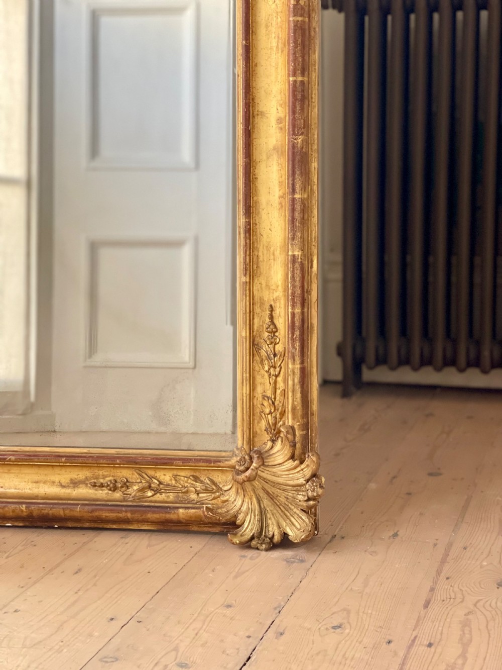 Large antique French gilt leaner mirror - mercury glass View II