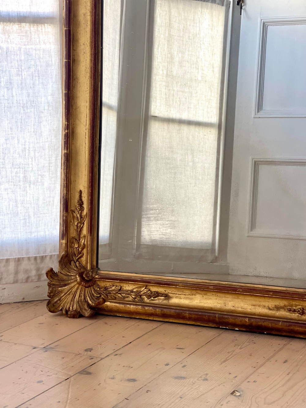 Large antique French gilt leaner mirror - mercury glass View III