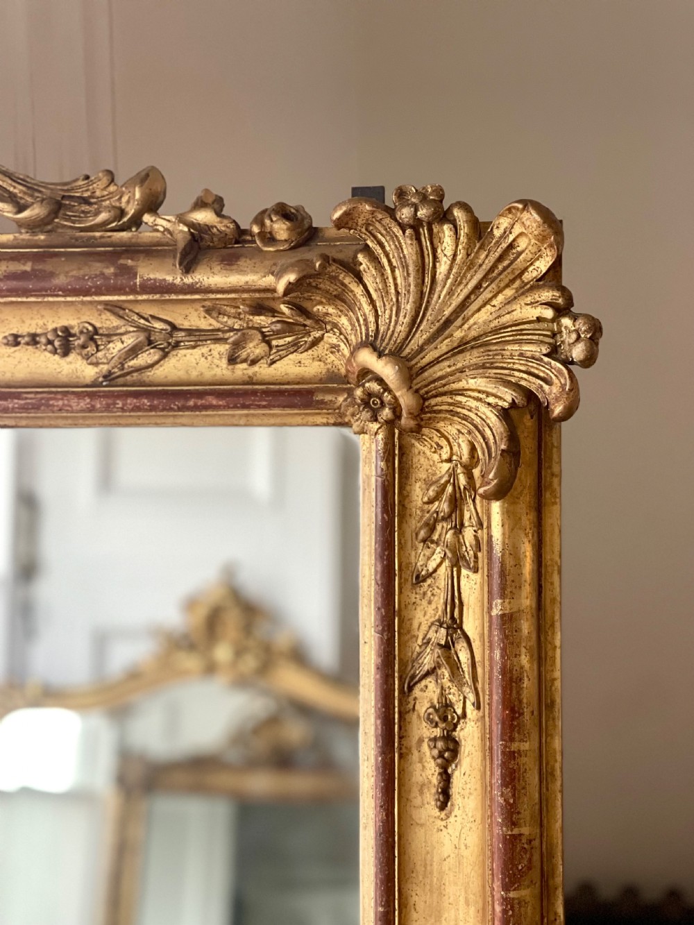 Large antique French gilt leaner mirror - mercury glass View IX