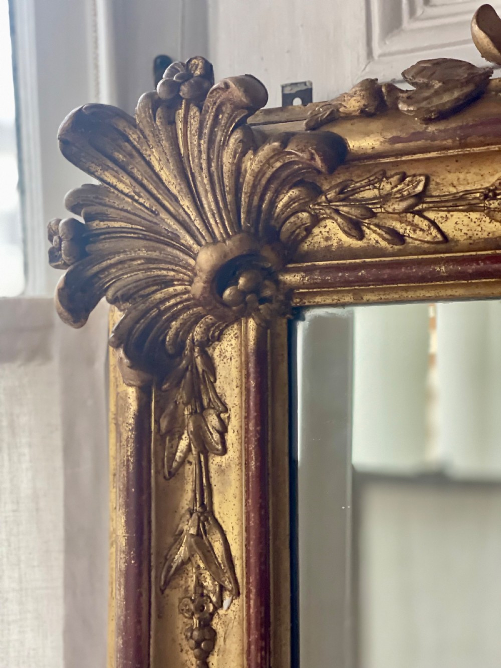 Large antique French gilt leaner mirror - mercury glass View X