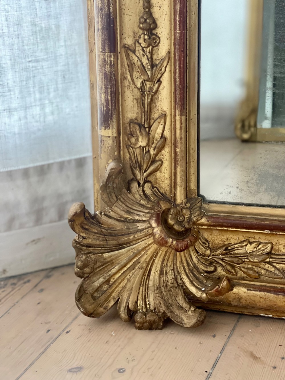 Large antique French gilt leaner mirror - mercury glass View XI