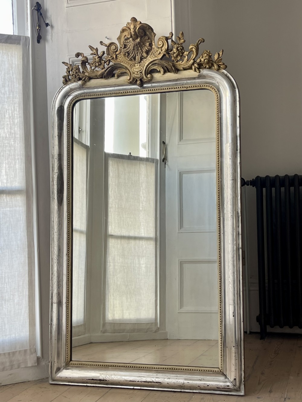 Large antique French silver gilt mirror