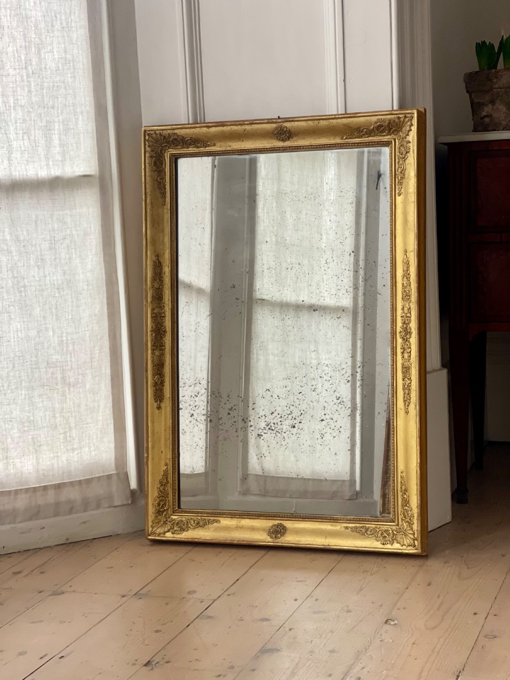 Antique French gilt rectangular mirror c1800 - foxed mercury glass View II