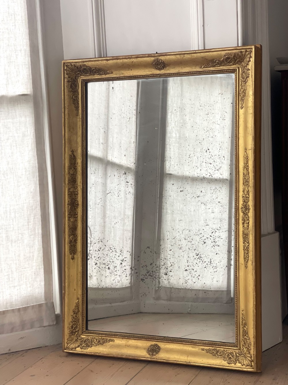 Antique French gilt rectangular mirror c1800 - foxed mercury glass View III