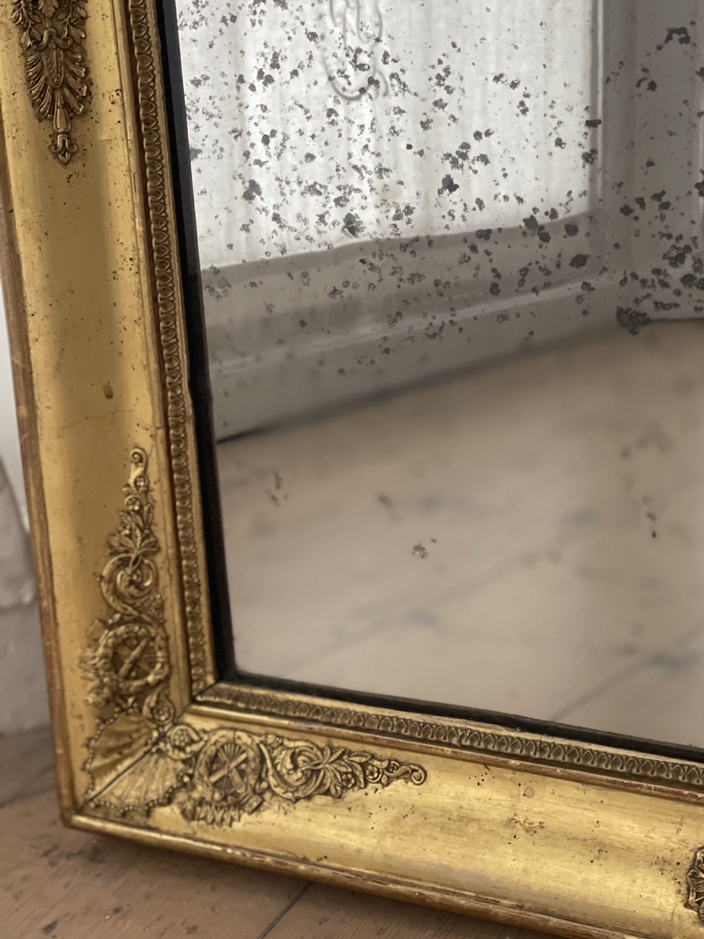 Antique French gilt rectangular mirror c1800 - foxed mercury glass View VII