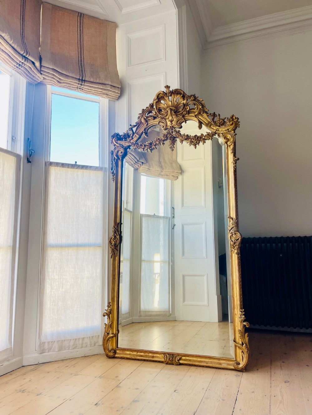 Large antique French gilt leaner mirror - bevelled glass