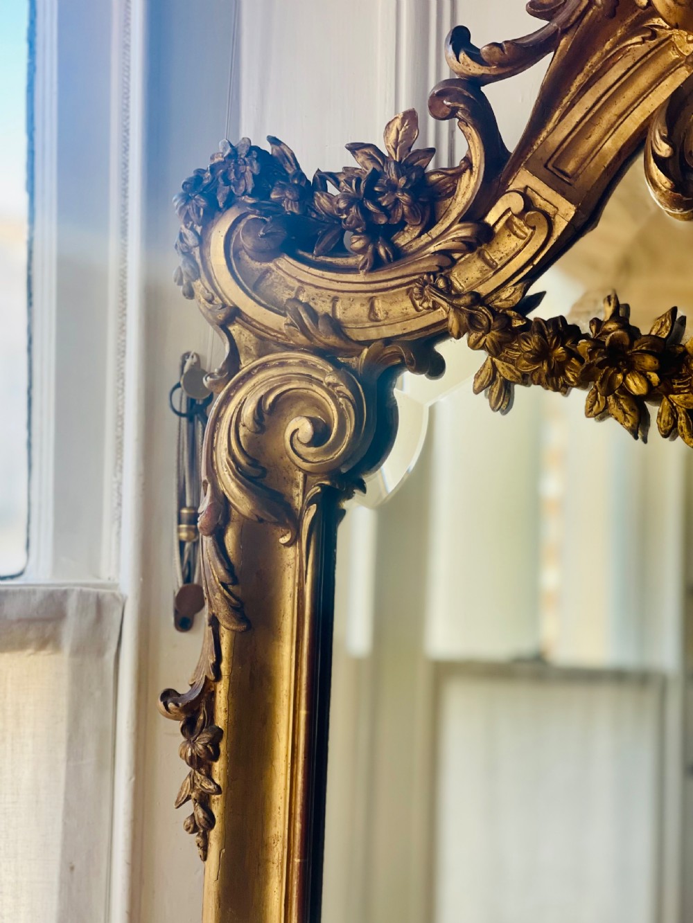 Large antique French gilt leaner mirror - bevelled glass View V