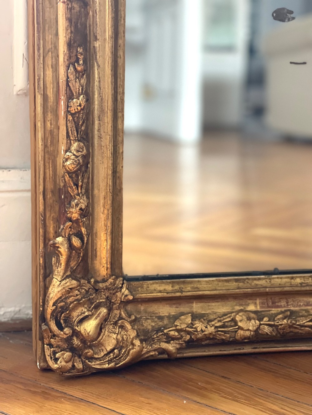 Antique French gilt rectangular mirror c1800 - foxed mercury glass View IV