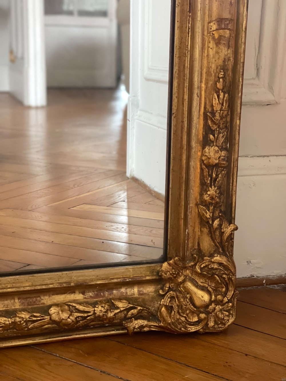 Antique French gilt rectangular mirror c1800 - foxed mercury glass View V