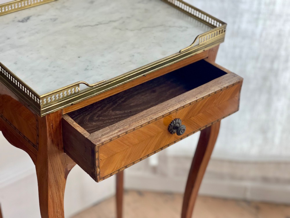 Antique French inlaid occasional table with marble top View III