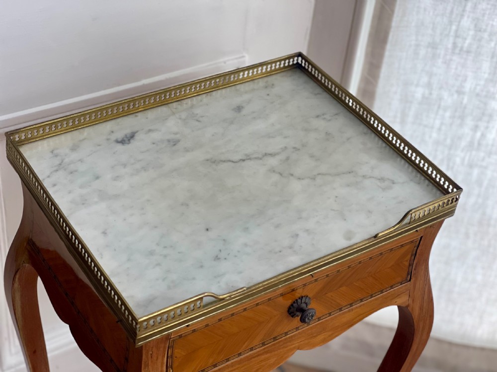 Antique French inlaid occasional table with marble top View V