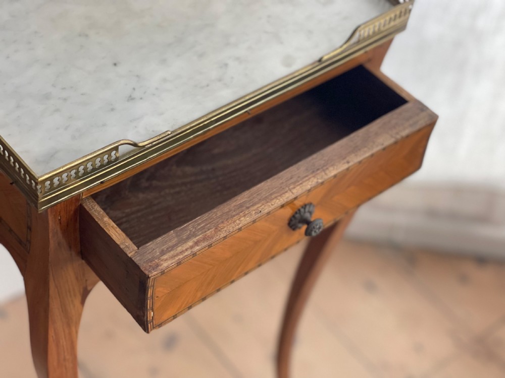 Antique French inlaid occasional table with marble top View VI