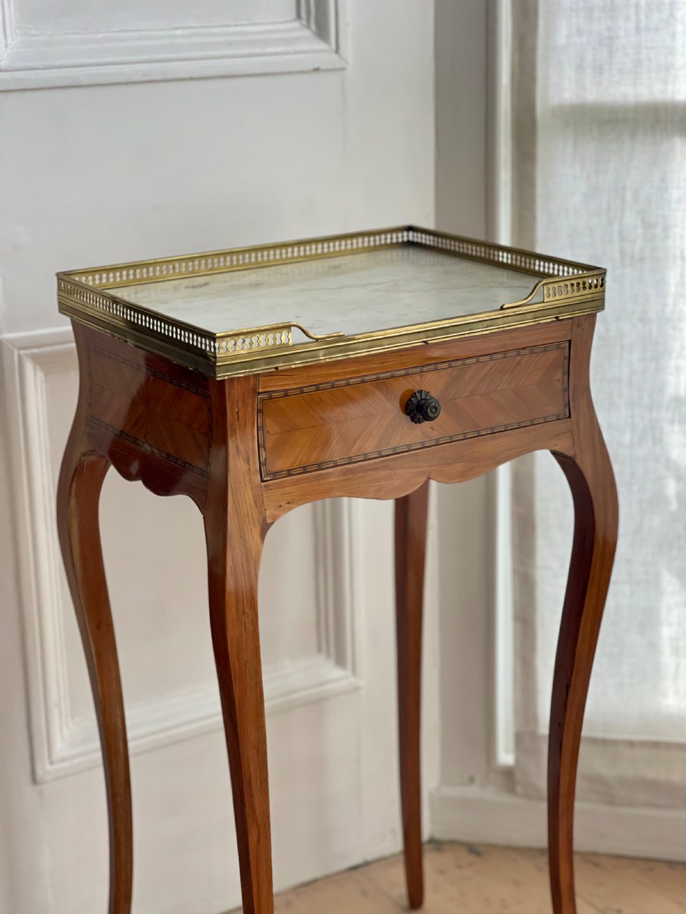 Antique French inlaid occasional table with marble top View VII