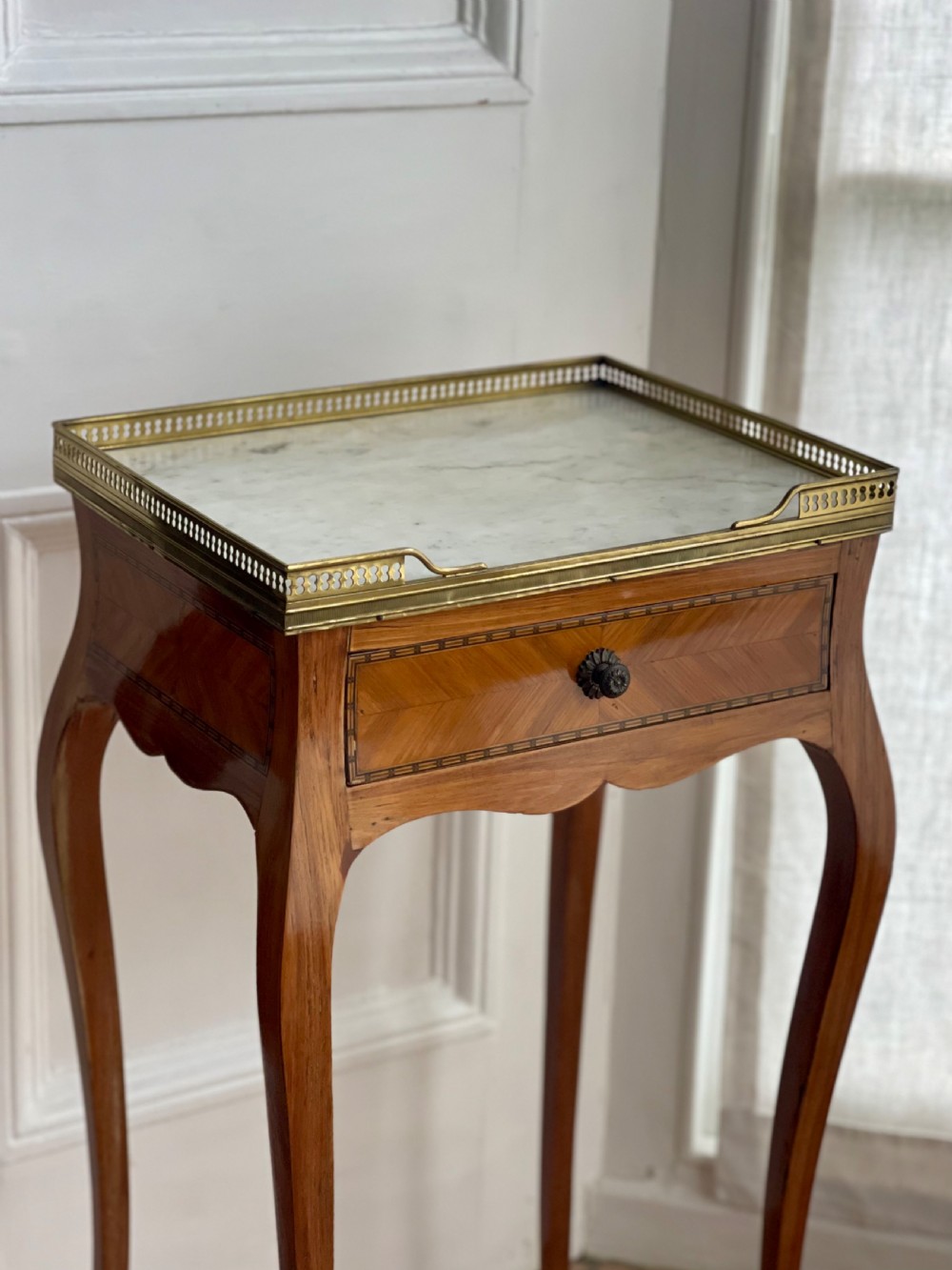 Antique French inlaid occasional table with marble top View VIII