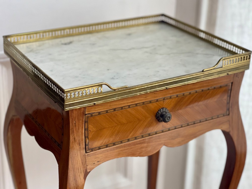 Antique French inlaid occasional table with marble top View IX
