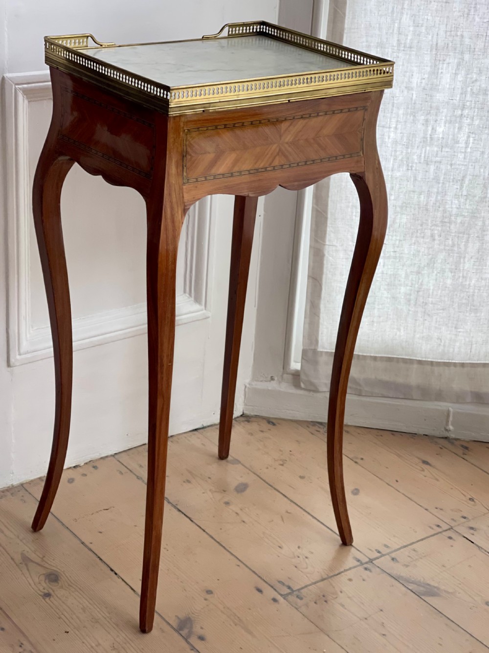 Antique French inlaid occasional table with marble top View XI