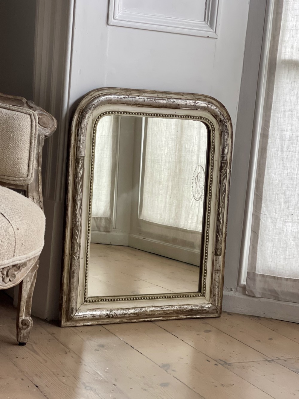 Antique French silver gilt and bare gesso mirror  View III