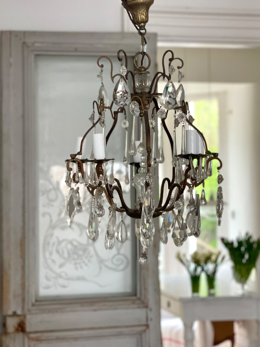 Antique French crystal cage chandelier