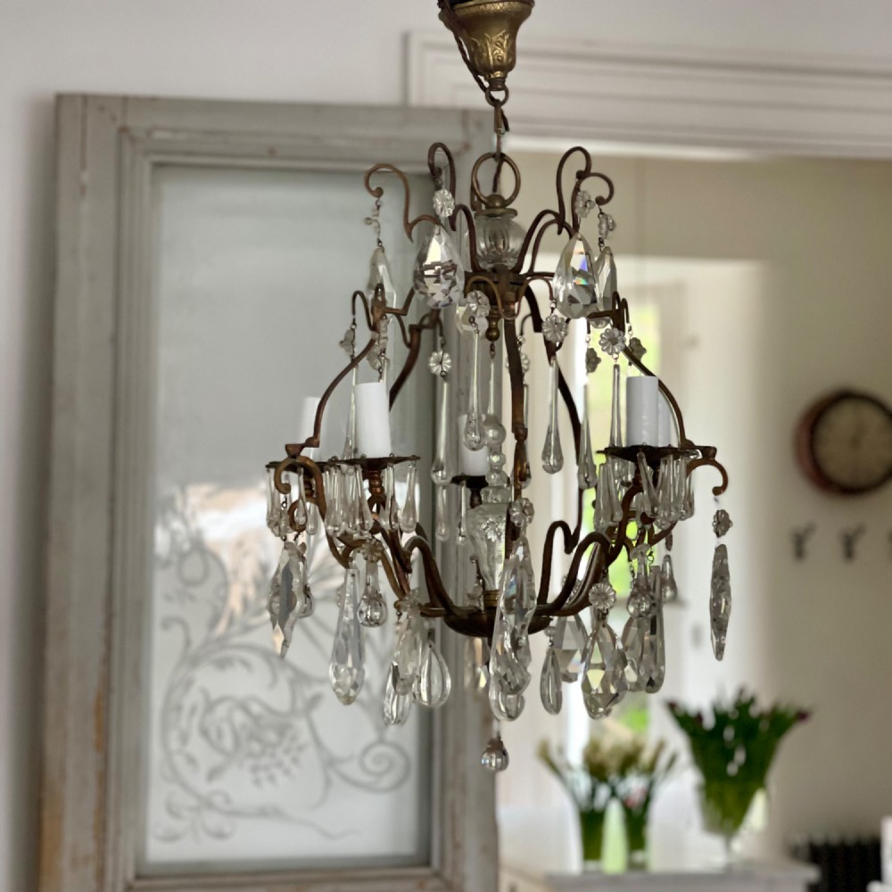 Antique French crystal cage chandelier View II