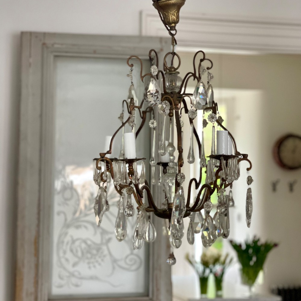 Antique French crystal cage chandelier View III