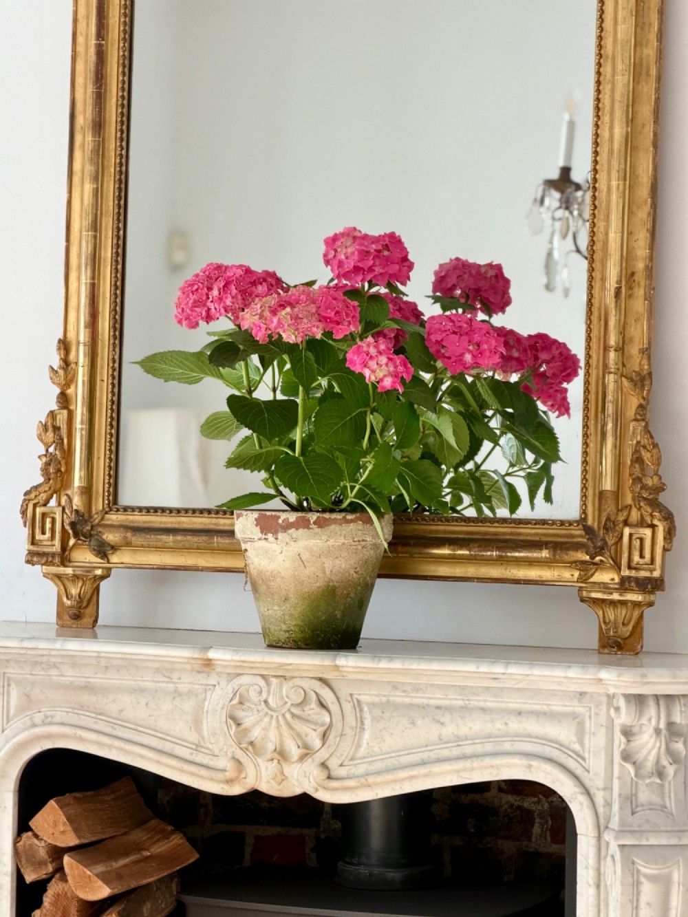 A tall antique French giltwood overmantel mirror featuring an arched frame topped with an ornate carved crest. View VII
