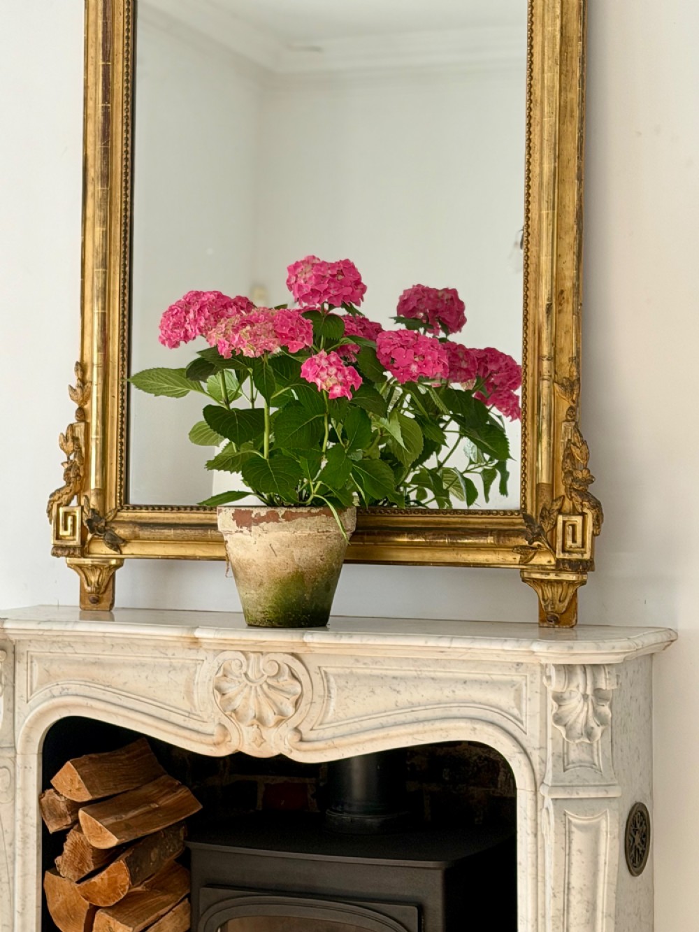 A tall antique French giltwood overmantel mirror featuring an arched frame topped with an ornate carved crest. View XI