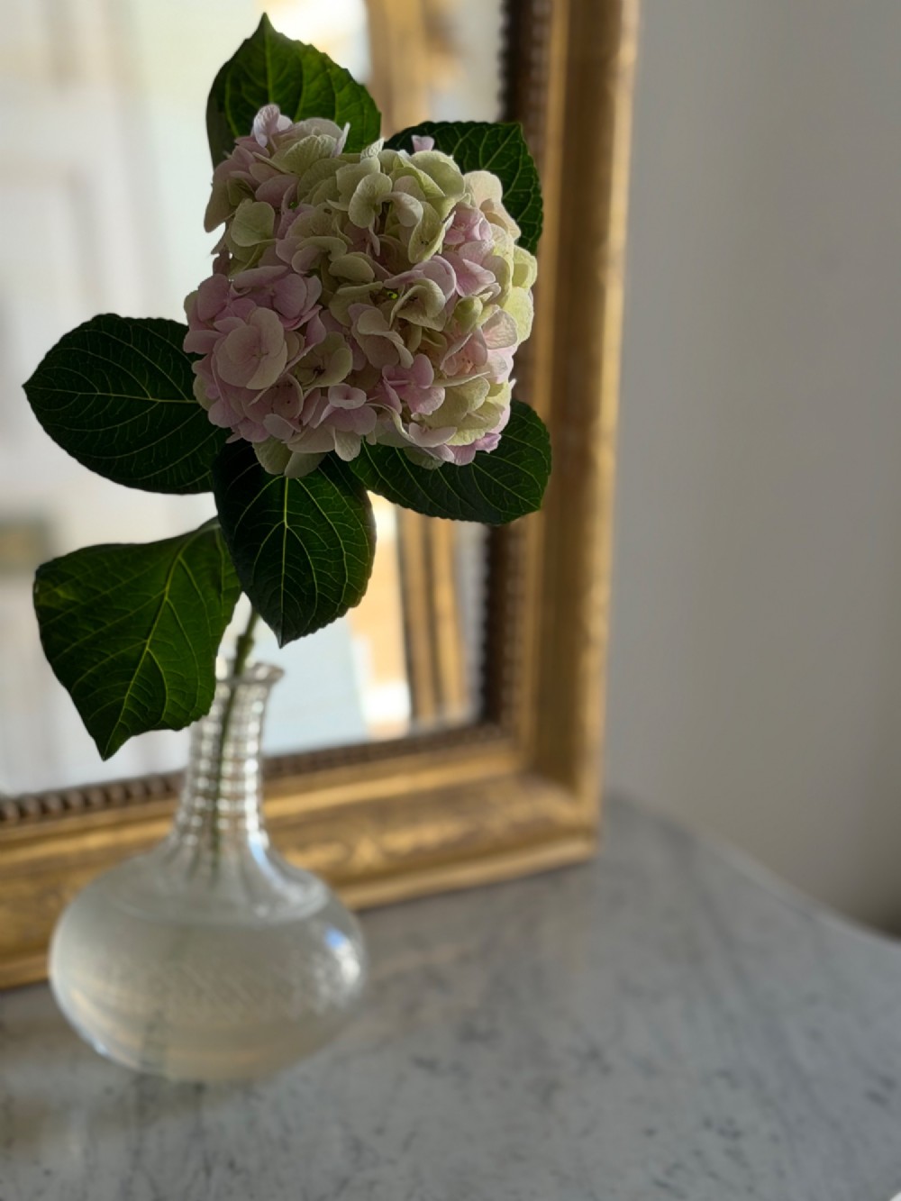 A rectangular 19th-century Louis Philippe mirror featuring rounded upper corners, an engraved gold leaf frame, beaded interior trim, and aged mirror glass. View III