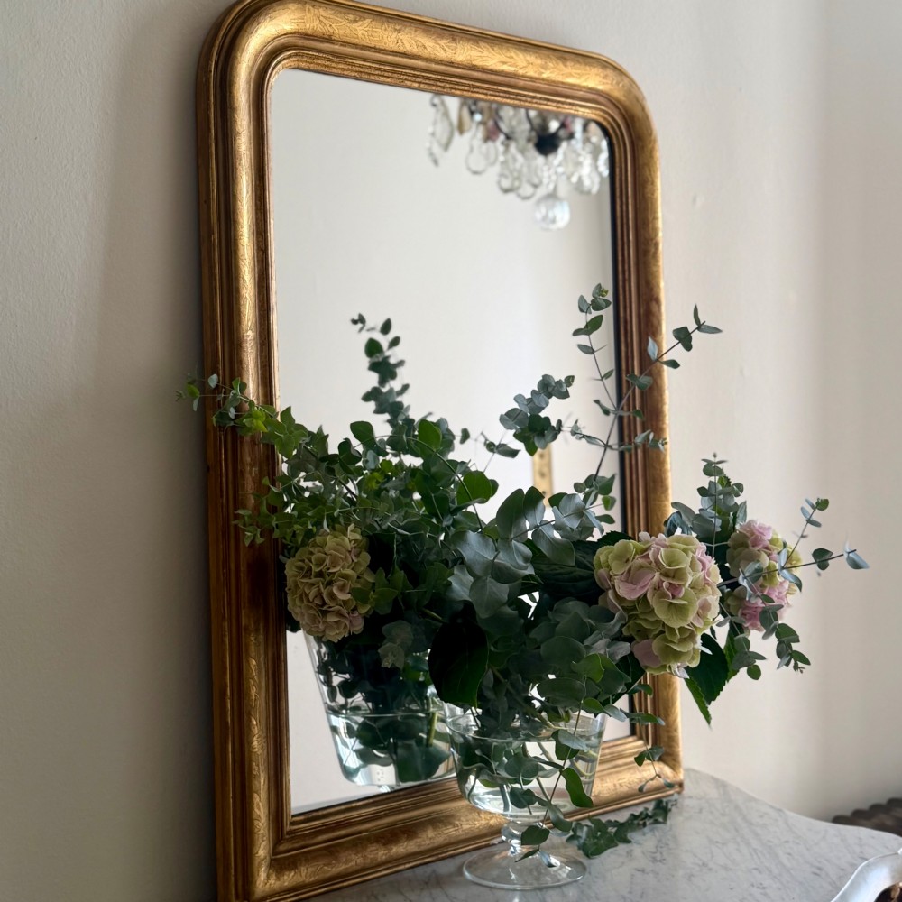 An antique French Louis Philippe wall mirror featuring a rectangular gilded frame with rounded upper corners, subtle etched foliate patterns, and a mercury glass plate. View IV