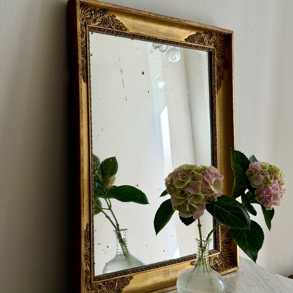 A rectangular antique French giltwood mirror featuring carved corner spandrels and a foxed glass plate. View VIII