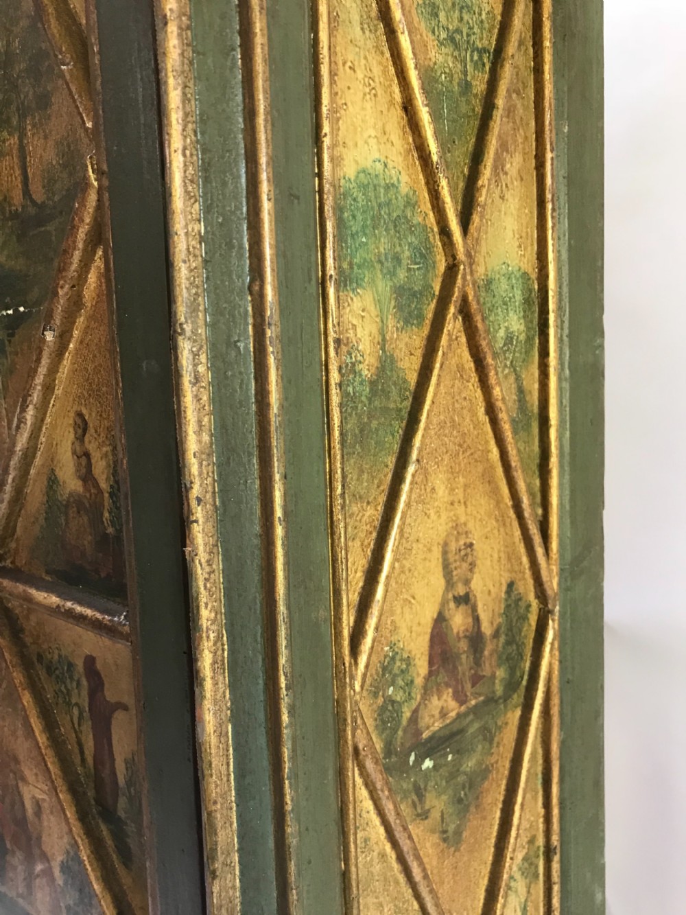 A light grey painted square side table featuring carved cabriole legs, a beaded apron, and an X-shaped stretcher with a central finial. View VIII