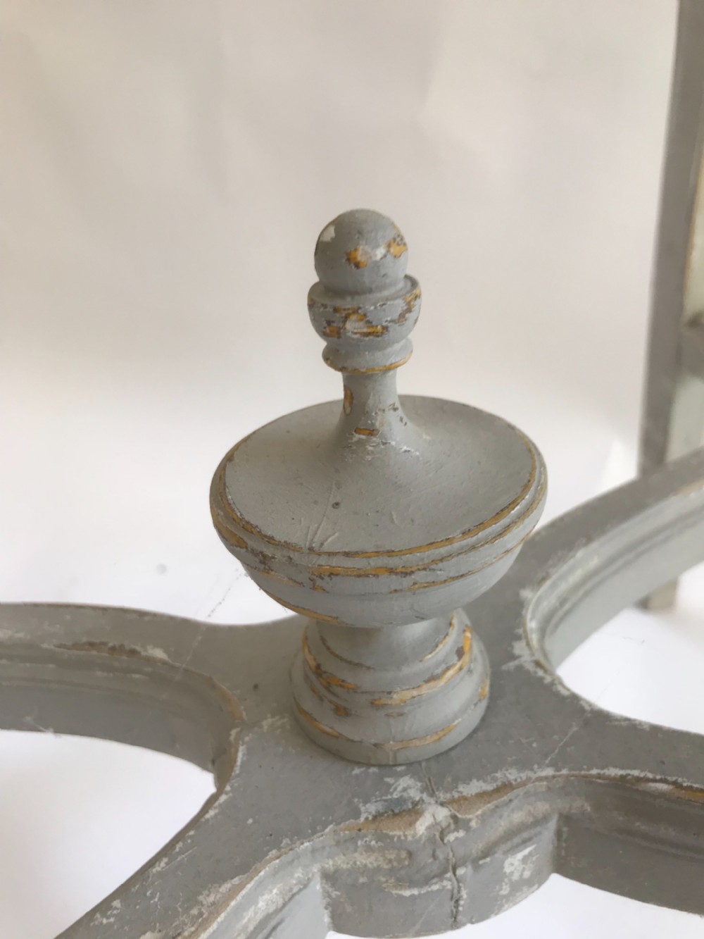 A light grey painted square side table featuring carved cabriole legs, a beaded apron, and an X-shaped stretcher with a central finial. View II