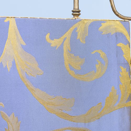 A Regency faux bamboo brass fire screen with an upholstered purple panel displaying gold acanthus leaf scrollwork. View V
