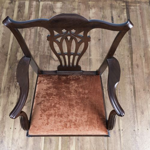 A George III laburnum armchair featuring a carved pierced back splat, swept armrests, and a rust-brown upholstered seat. View VII