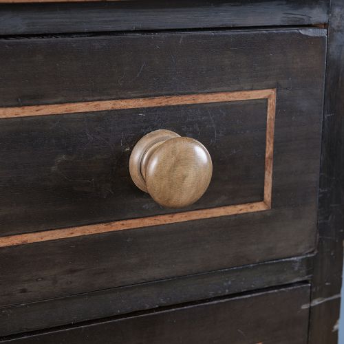 A pair of tall Victorian laburnum Wellington chests with five graduated drawers, fine string inlay, turned wooden knobs, and plinth bases. View V