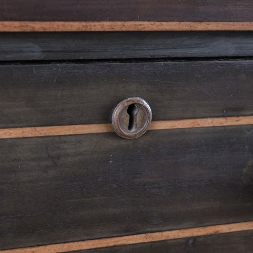 A pair of tall Victorian laburnum Wellington chests with five graduated drawers, fine string inlay, turned wooden knobs, and plinth bases. View VI