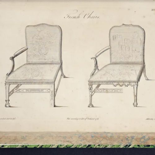 A George III mahogany Gainsborough armchair featuring patterned cream upholstery, brass tack trim, carved serpentine arm supports, and straight legs with brass castors. View XIII