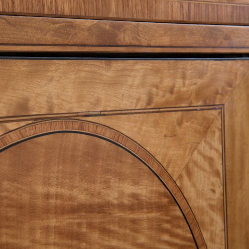 A tall George III satinwood cabinet with an oval-mirrored upper door, a central drawer, and lower double doors with oval inlaid panels. View VI