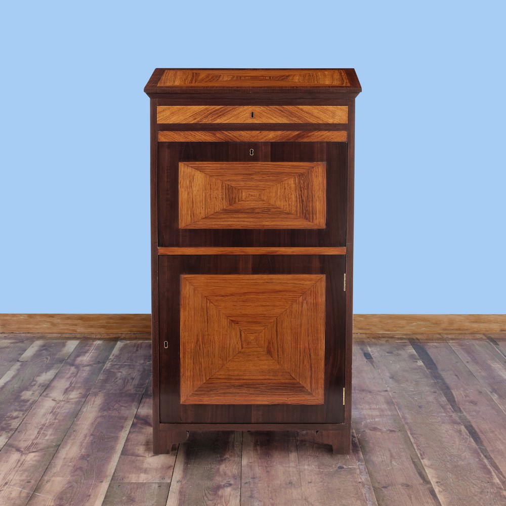 An 18th-century George III mahogany secretaire cabinet shown with the fall-front flap lowered to display fitted drawers and a green leather writing skiver. View II