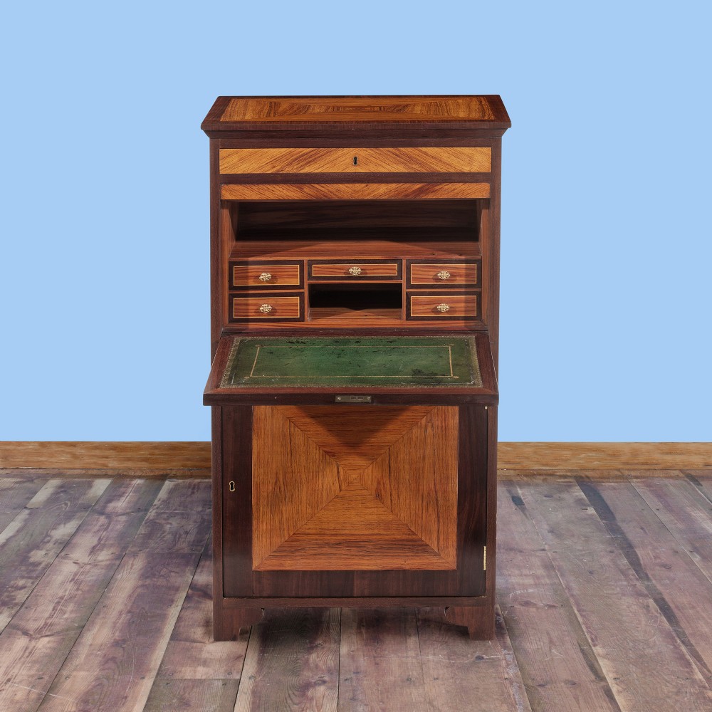 An 18th-century George III mahogany secretaire cabinet shown with the fall-front flap lowered to display fitted drawers and a green leather writing skiver. View III