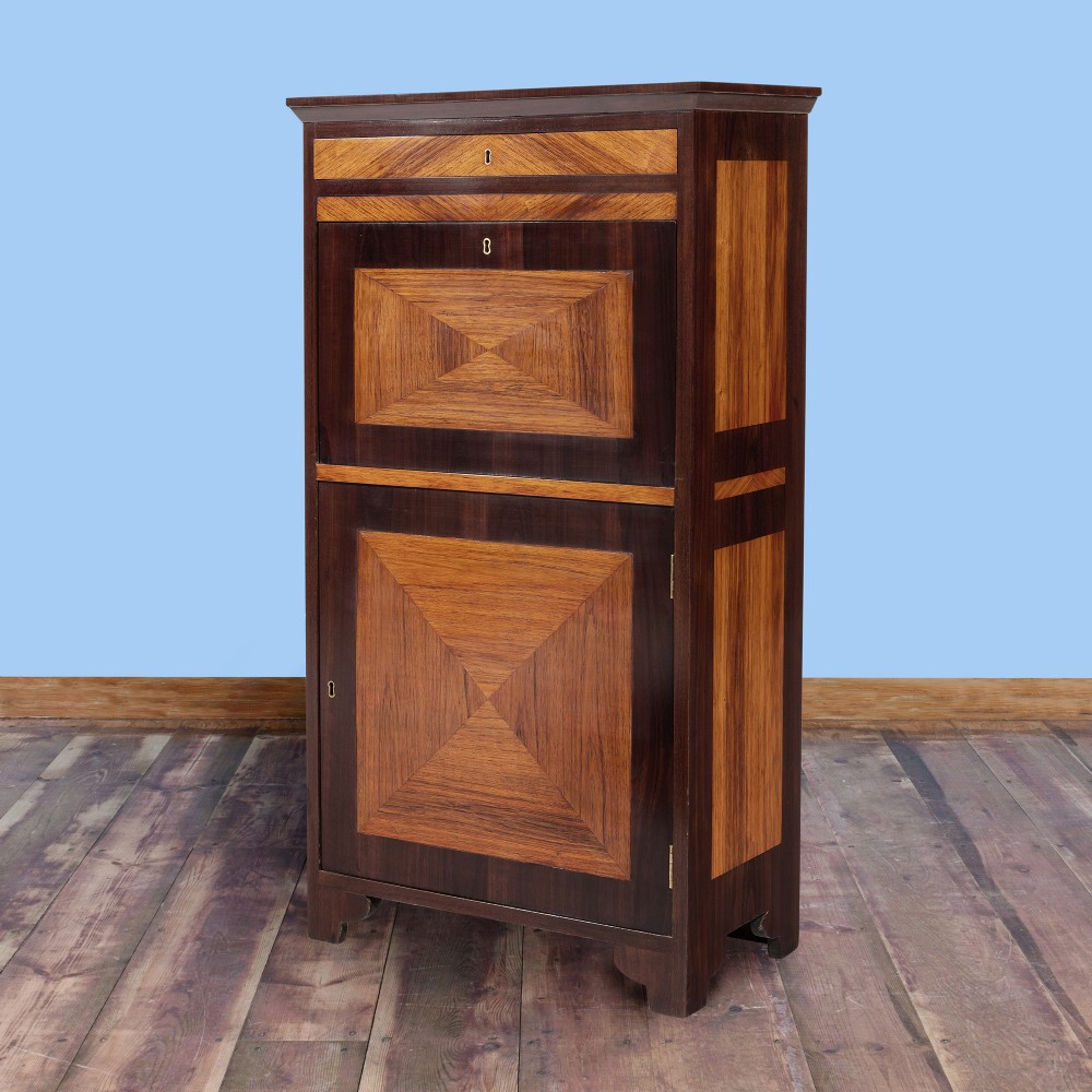An 18th-century George III mahogany secretaire cabinet shown with the fall-front flap lowered to display fitted drawers and a green leather writing skiver. View IV