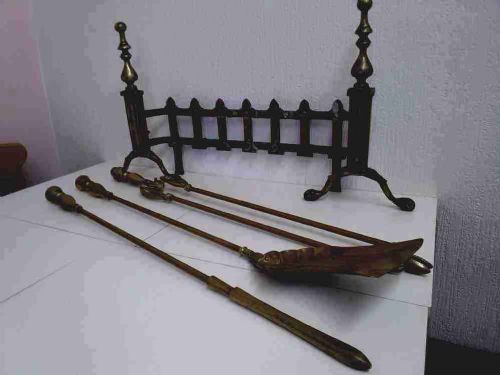Victorian Complete Set of Fire Irons and Grate Front .
