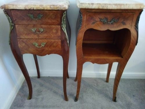 A Pair of 1920's French Bedside Bombe Rouge Marble topped Marquetry Cabinets or Night Stands .