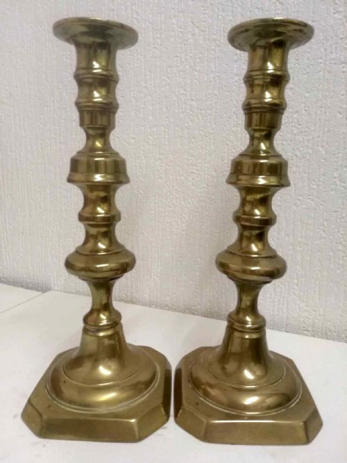 2 Pairs of Georgian Brass Candlesticks . Circa 1800