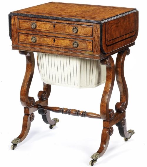 A Good Regency Burr Elm and Ebony Inlaid Work Table