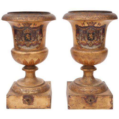 Pair of Large Tole Campana Urns with Royal Crest