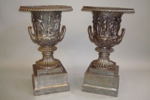 19th Century Pair of Burnished Cast Iron Campana Urns