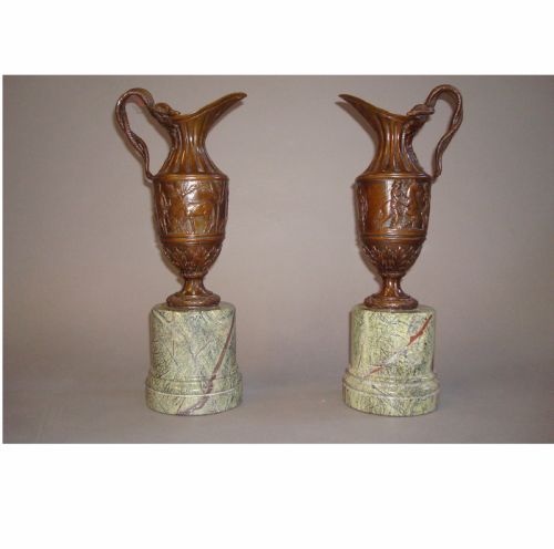 C19th Pair Bronze Ewers or Jugs on Marble Plinth